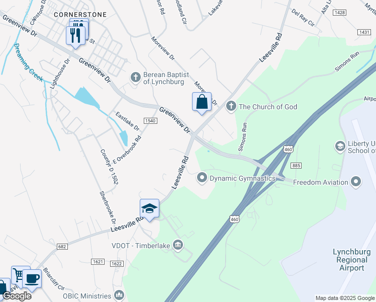map of restaurants, bars, coffee shops, grocery stores, and more near 19965 Leesville Road in Lynchburg