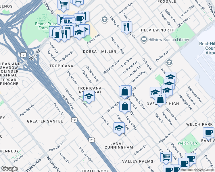 map of restaurants, bars, coffee shops, grocery stores, and more near 1709 South King Road in San Jose