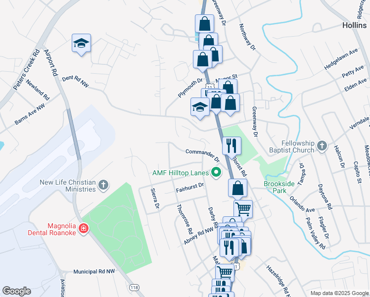 map of restaurants, bars, coffee shops, grocery stores, and more near 801 Commander Drive in Roanoke
