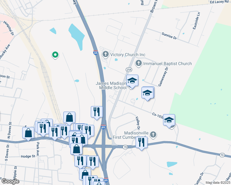 map of restaurants, bars, coffee shops, grocery stores, and more near 449 Brown Road in Madisonville
