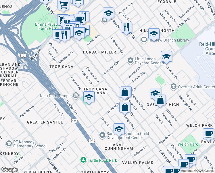 map of restaurants, bars, coffee shops, grocery stores, and more near 1653 South King Road in San Jose