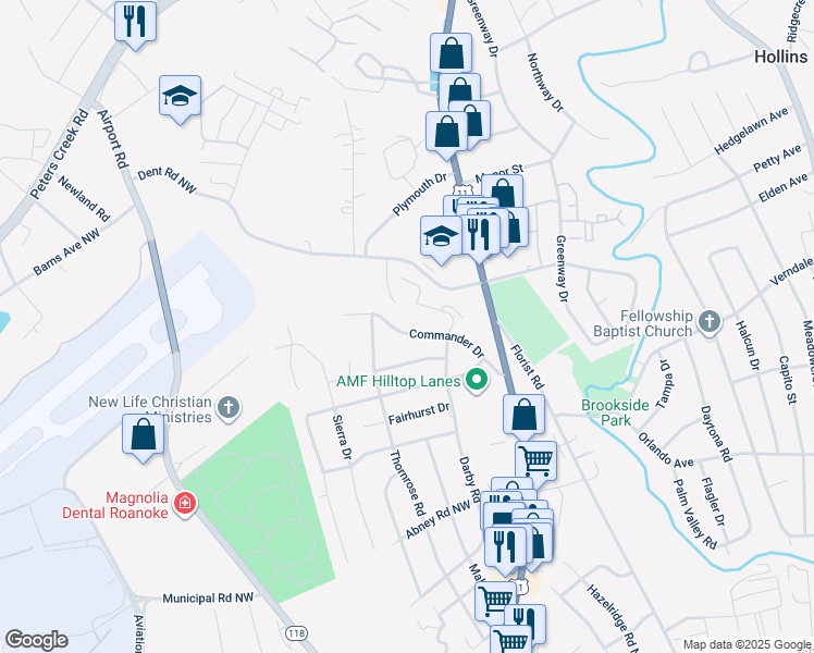 map of restaurants, bars, coffee shops, grocery stores, and more near 801 Commander Drive in Roanoke