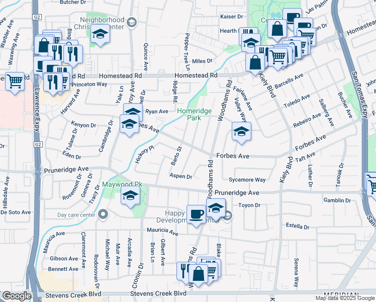 map of restaurants, bars, coffee shops, grocery stores, and more near 625 Barto Street in Santa Clara