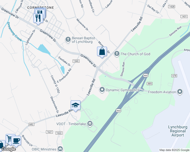 map of restaurants, bars, coffee shops, grocery stores, and more near 18420 Leesville Road in Lynchburg