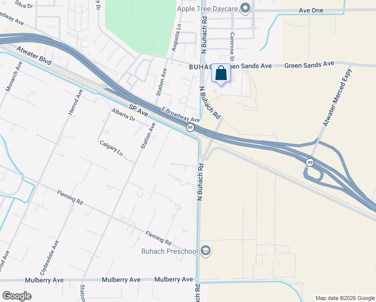 map of restaurants, bars, coffee shops, grocery stores, and more near 5091 Southern Pacific Avenue in Atwater