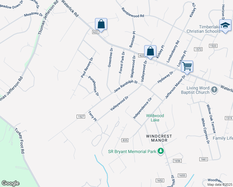 map of restaurants, bars, coffee shops, grocery stores, and more near 120 Jane Randolph Street in Forest