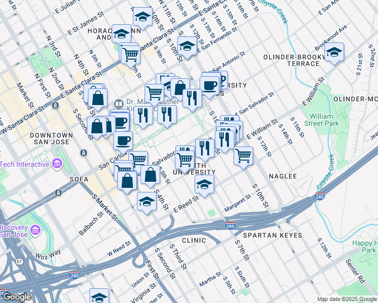 map of restaurants, bars, coffee shops, grocery stores, and more near 385 South 8th Street in San Jose