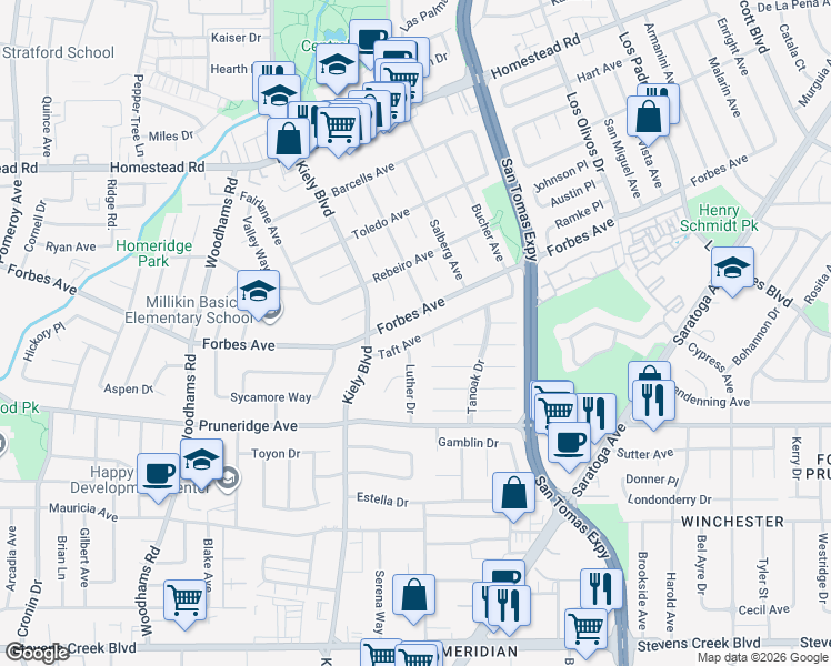 map of restaurants, bars, coffee shops, grocery stores, and more near 2741 Forbes Avenue in Santa Clara