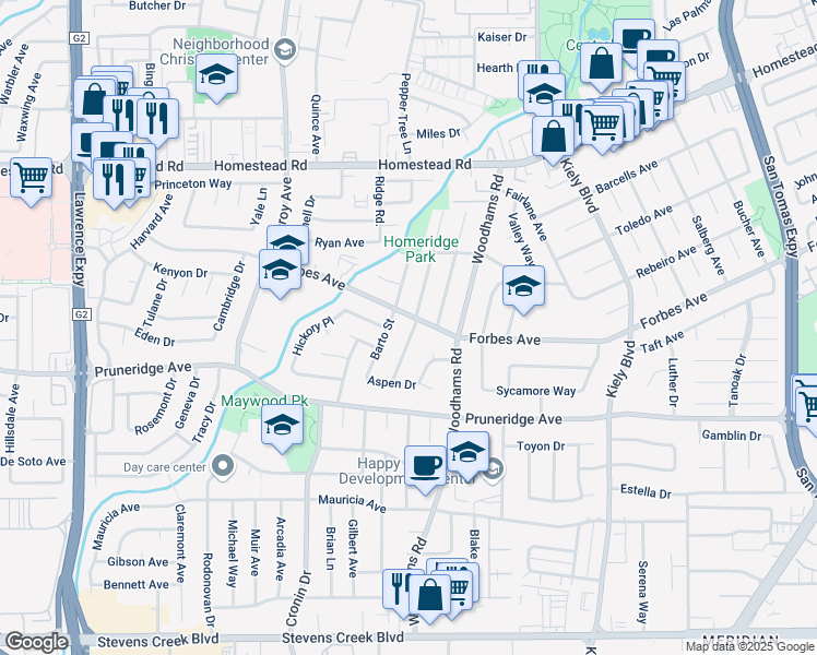 map of restaurants, bars, coffee shops, grocery stores, and more near 625 Barto Street in Santa Clara