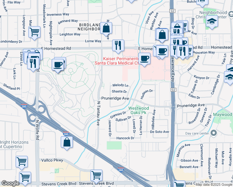 map of restaurants, bars, coffee shops, grocery stores, and more near 659 Meadow Avenue in Santa Clara
