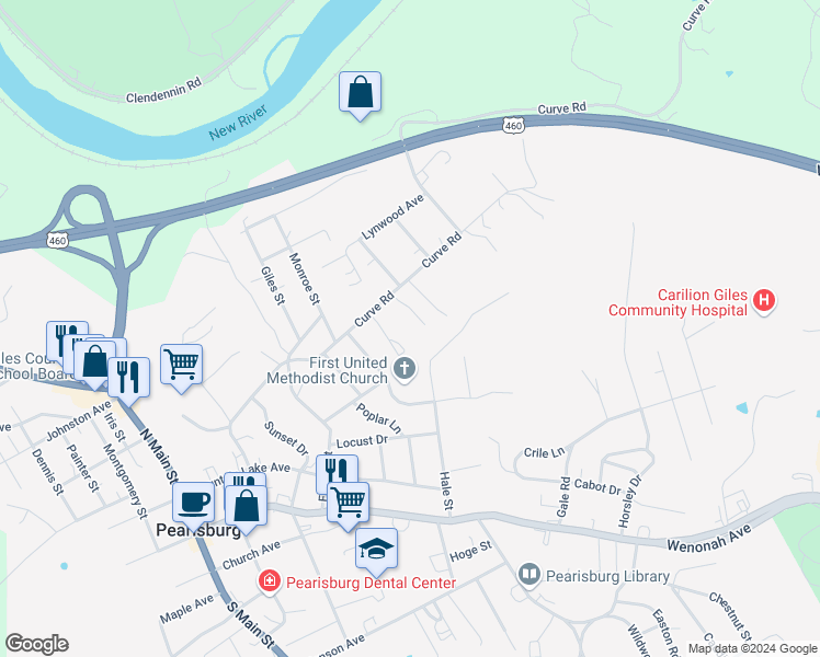 map of restaurants, bars, coffee shops, grocery stores, and more near 437 Orchard Grove Lane in Pearisburg