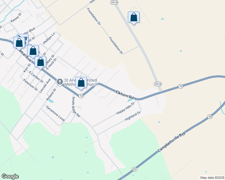 map of restaurants, bars, coffee shops, grocery stores, and more near 1 Meadowview Court in Campbellsville
