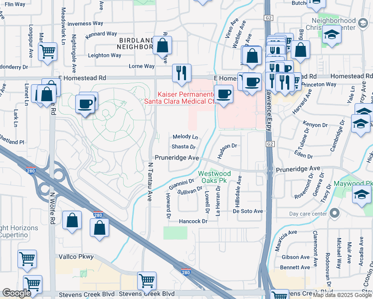 map of restaurants, bars, coffee shops, grocery stores, and more near 3828 Melody Lane in Santa Clara