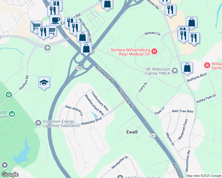 map of restaurants, bars, coffee shops, grocery stores, and more near 101 Herndon-Jenkins Drive in Williamsburg