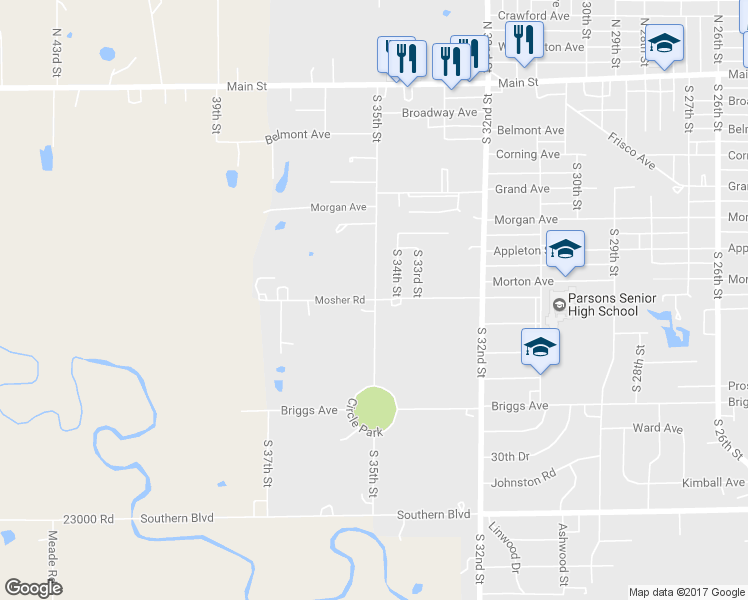 map of restaurants, bars, coffee shops, grocery stores, and more near 3500 Mosher Road in Parsons