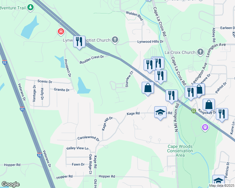 map of restaurants, bars, coffee shops, grocery stores, and more near Star Vue in Cape Girardeau
