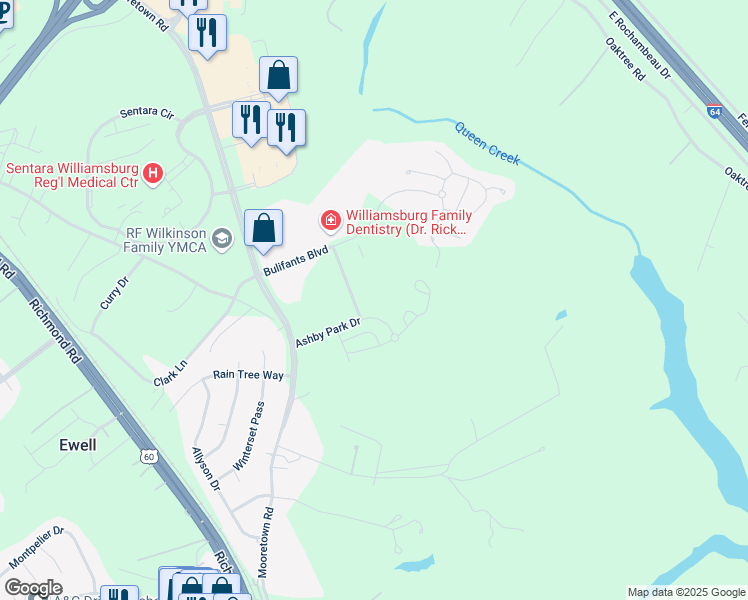 map of restaurants, bars, coffee shops, grocery stores, and more near 301 Ashby Park Drive in Williamsburg