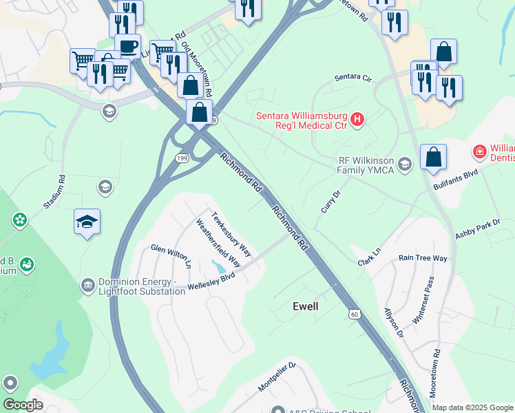 map of restaurants, bars, coffee shops, grocery stores, and more near 101 Herndon-Jenkins Drive in Williamsburg