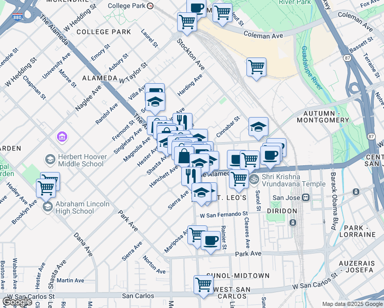 map of restaurants, bars, coffee shops, grocery stores, and more near 1302 The Alameda in San Jose
