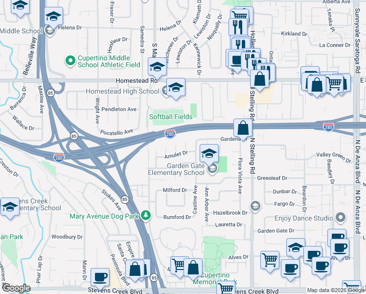 map of restaurants, bars, coffee shops, grocery stores, and more near 10683 Pebble Place in Cupertino