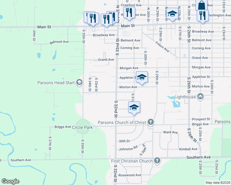 map of restaurants, bars, coffee shops, grocery stores, and more near 711-719 South 32nd Street in Parsons