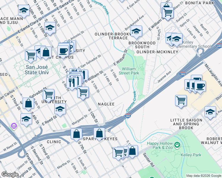 map of restaurants, bars, coffee shops, grocery stores, and more near 631 South 14th Street in San Jose