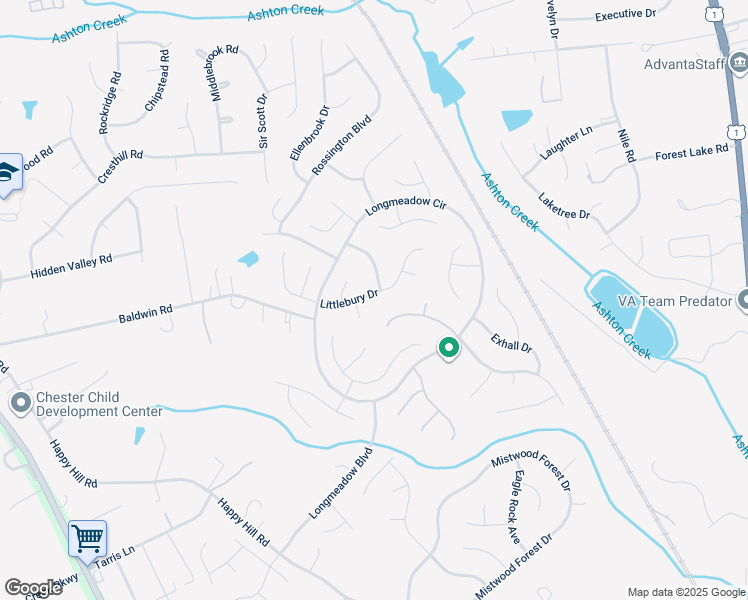 map of restaurants, bars, coffee shops, grocery stores, and more near 3107 Littlebury Drive in Chester