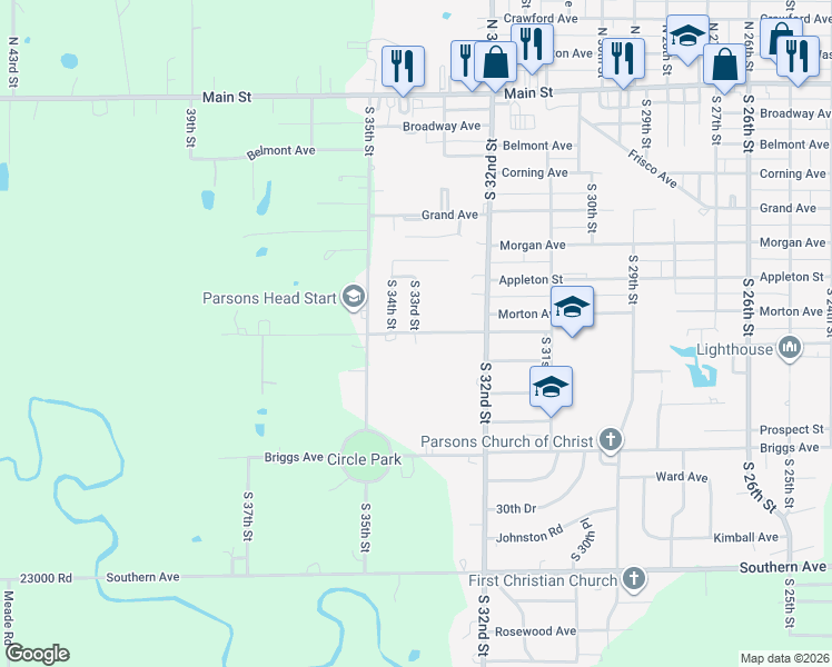 map of restaurants, bars, coffee shops, grocery stores, and more near 3299 Mosher Rd in Parsons