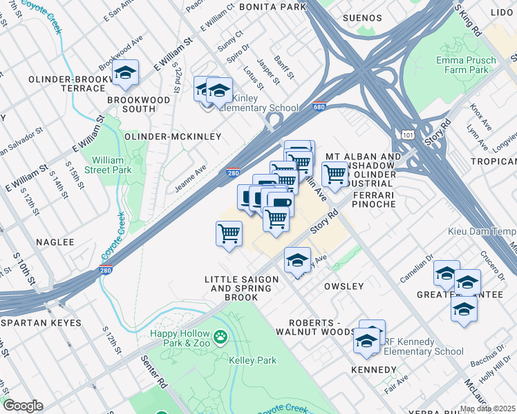 map of restaurants, bars, coffee shops, grocery stores, and more near 959 Story Road in San Jose