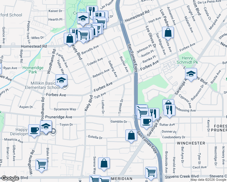 map of restaurants, bars, coffee shops, grocery stores, and more near 2698 Forbes Avenue in Santa Clara
