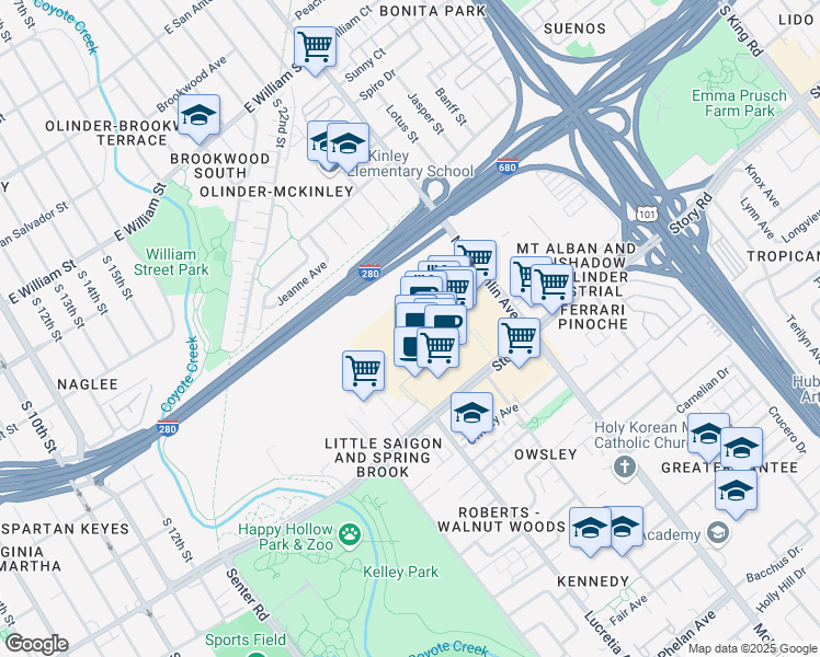 map of restaurants, bars, coffee shops, grocery stores, and more near 959 Story Road in San Jose