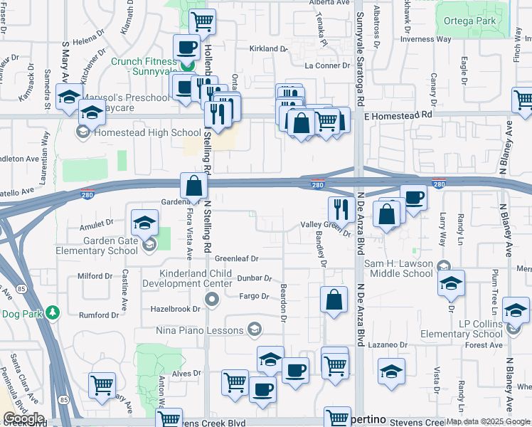 map of restaurants, bars, coffee shops, grocery stores, and more near 20875 Valley Green Drive in Cupertino