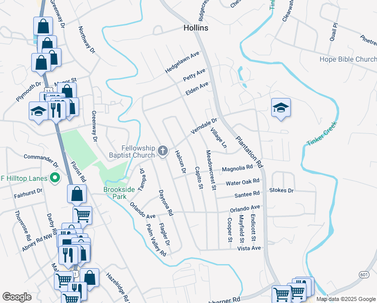 map of restaurants, bars, coffee shops, grocery stores, and more near 5644 Capito Street in Roanoke