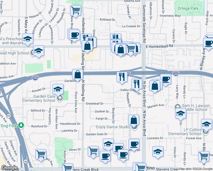 map of restaurants, bars, coffee shops, grocery stores, and more near 20875 Valley Green Drive in Cupertino