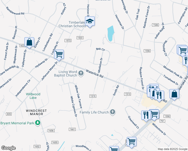 map of restaurants, bars, coffee shops, grocery stores, and more near 4024 Waterlick Road in Forest
