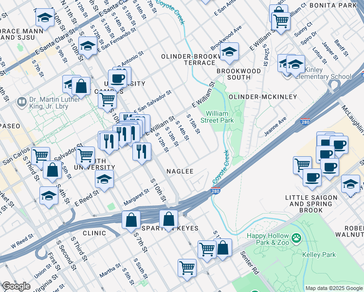 map of restaurants, bars, coffee shops, grocery stores, and more near 595 South 14th Street in San Jose