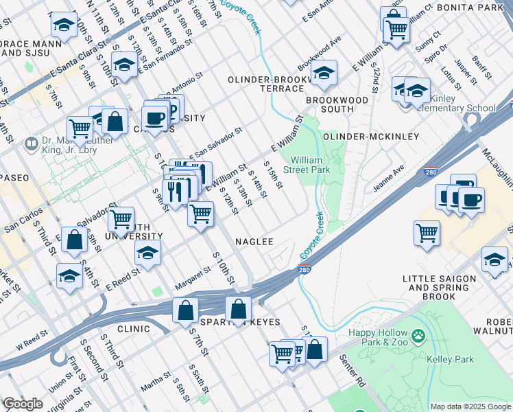 map of restaurants, bars, coffee shops, grocery stores, and more near 595 South 14th Street in San Jose