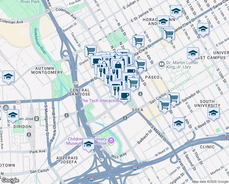 map of restaurants, bars, coffee shops, grocery stores, and more near in San Jose