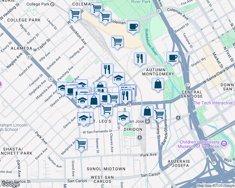 map of restaurants, bars, coffee shops, grocery stores, and more near 708 West Julian Street in San Jose