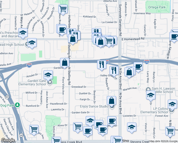 map of restaurants, bars, coffee shops, grocery stores, and more near 20875 Valley Green Drive in Cupertino