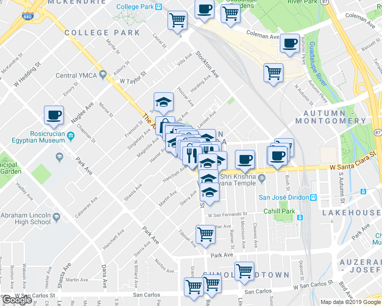 map of restaurants, bars, coffee shops, grocery stores, and more near  in San Jose