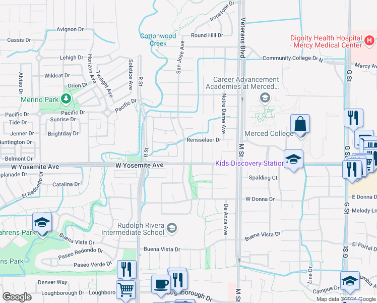 map of restaurants, bars, coffee shops, grocery stores, and more near 3635 Loyola Court in Merced