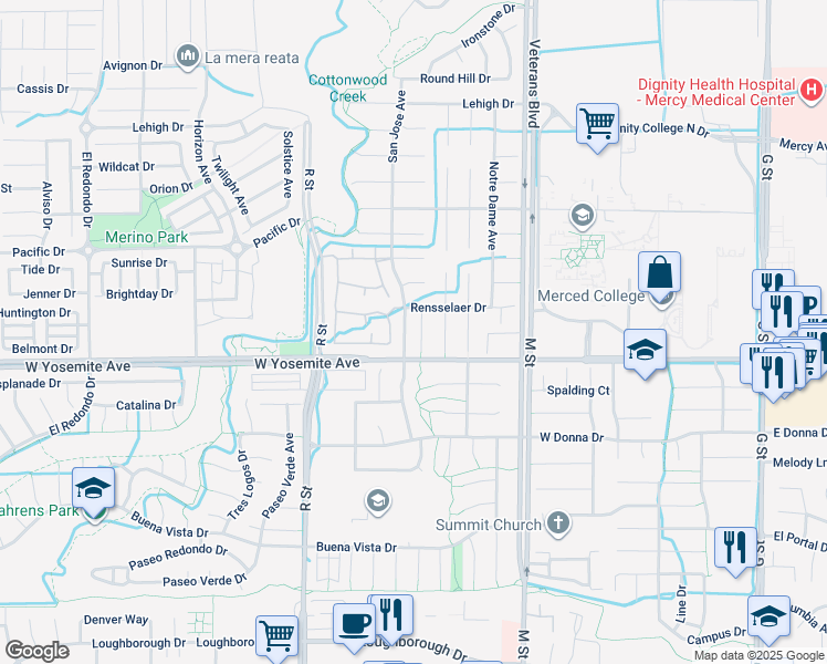 map of restaurants, bars, coffee shops, grocery stores, and more near 3635 Loyola Court in Merced