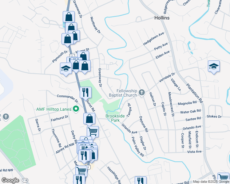 map of restaurants, bars, coffee shops, grocery stores, and more near 6311 Bunker Lane in Roanoke