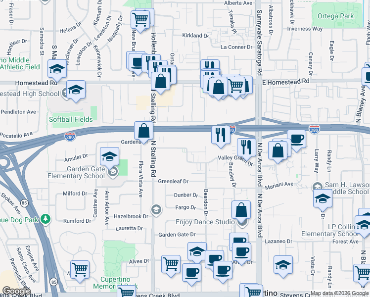 map of restaurants, bars, coffee shops, grocery stores, and more near 20875 Valley Green Drive in Cupertino