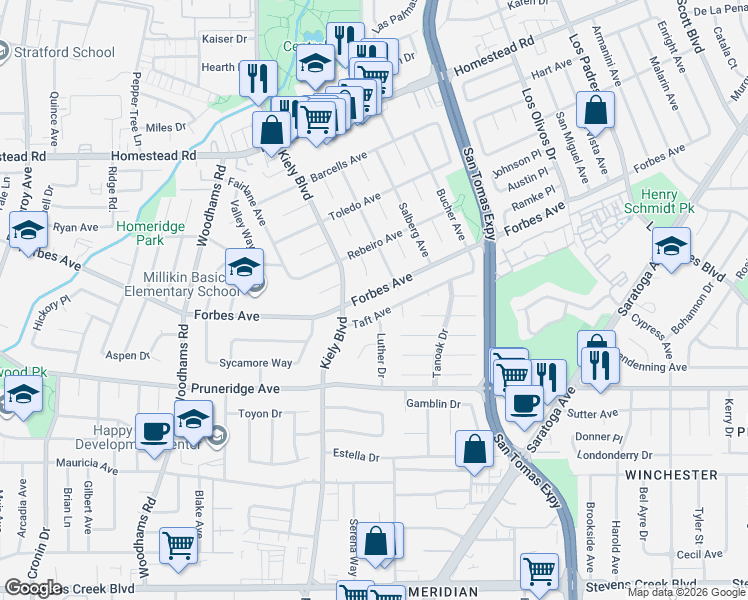 map of restaurants, bars, coffee shops, grocery stores, and more near 2741 Forbes Avenue in Santa Clara
