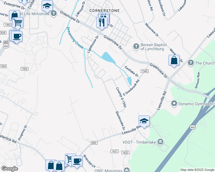 map of restaurants, bars, coffee shops, grocery stores, and more near 403 Sherbrooke Drive in Lynchburg