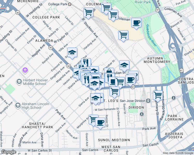 map of restaurants, bars, coffee shops, grocery stores, and more near 1310 The Alameda in San Jose