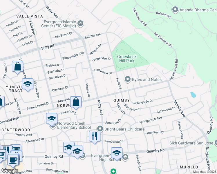 map of restaurants, bars, coffee shops, grocery stores, and more near 2863 Cedardale Court in San Jose