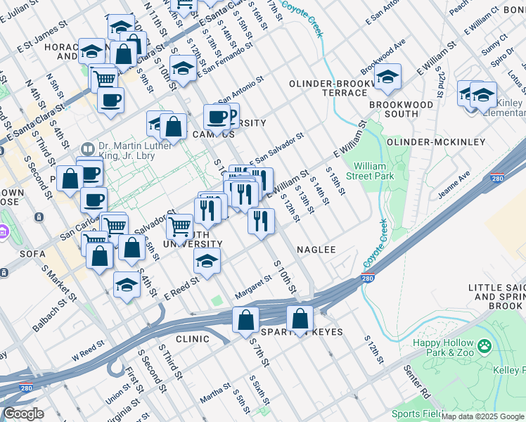 map of restaurants, bars, coffee shops, grocery stores, and more near in San Jose